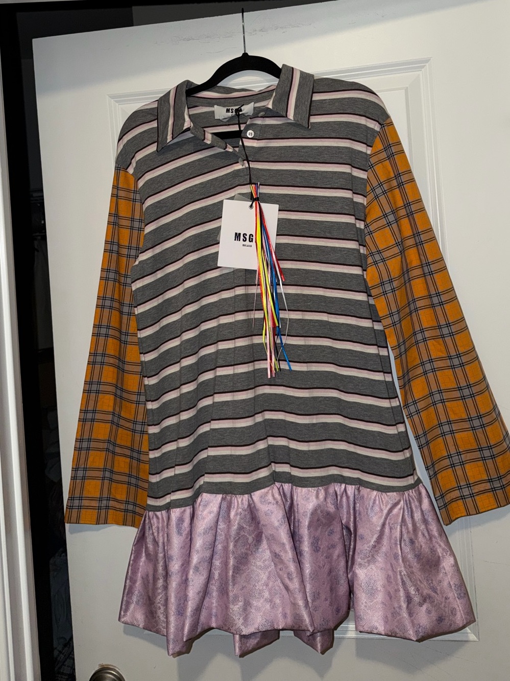 MSGM Kids Gray & Yellow Striped Polo Dress with Lavender Ruffle